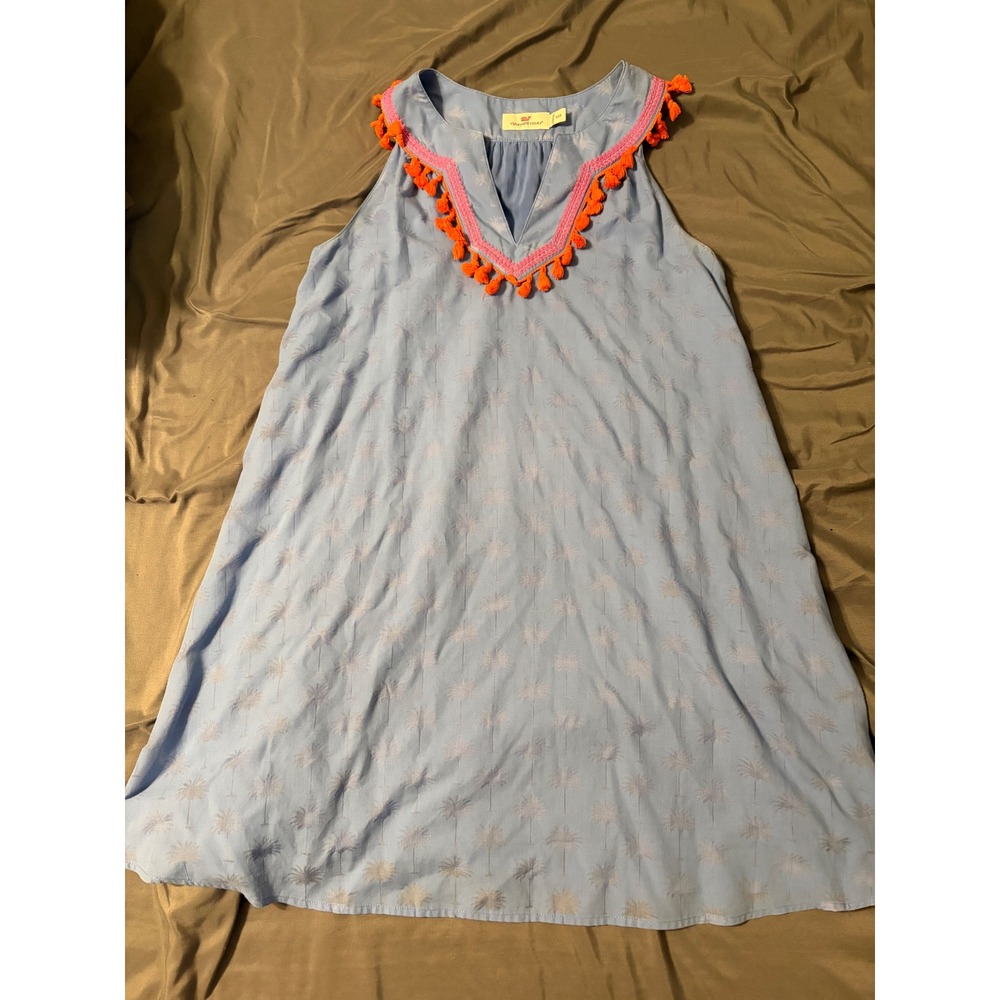 Vineyard Vines Blue Palm Tree Tassel Trim Sleeveless Shift Dress XXS lines